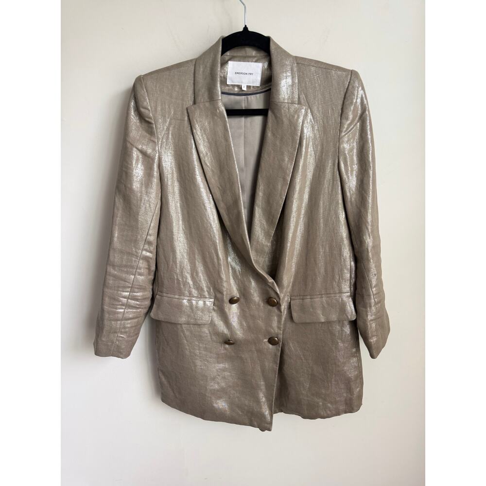 Emerson Fry Long Sleeve Peak Lapel Double-Breasted Blazer Metallic Beige Women 2 - Picture 2 of 7
